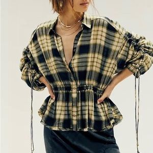 Free People Pacific Dawn Adjustable Plaid Shirt, Black Green Yellow Combo